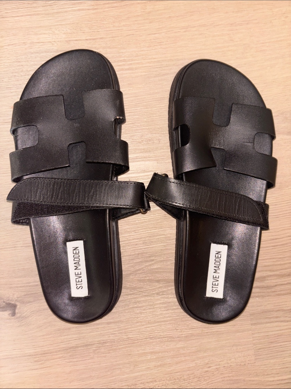 Steve Madden Matte Black Velcro Strap Slides